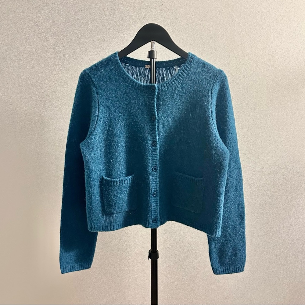 Margaret O’Leary M.O.L. Knits Teal Blue Cashmere Silk Crew Neck Cardigan Size S